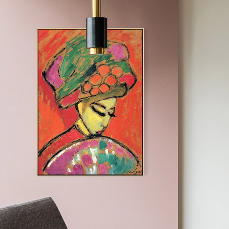 Hatted Girl with Fan Wall Art Living Room Figure Canvas Print in Red, Multiple Sizes Clearhalo 'Arts' 'Canvas Art' 1861369