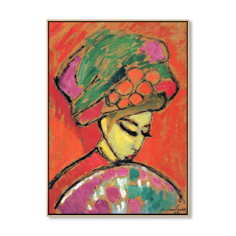 Hatted Girl with Fan Wall Art Living Room Figure Canvas Print in Red, Multiple Sizes Clearhalo 'Arts' 'Canvas Art' 1861370