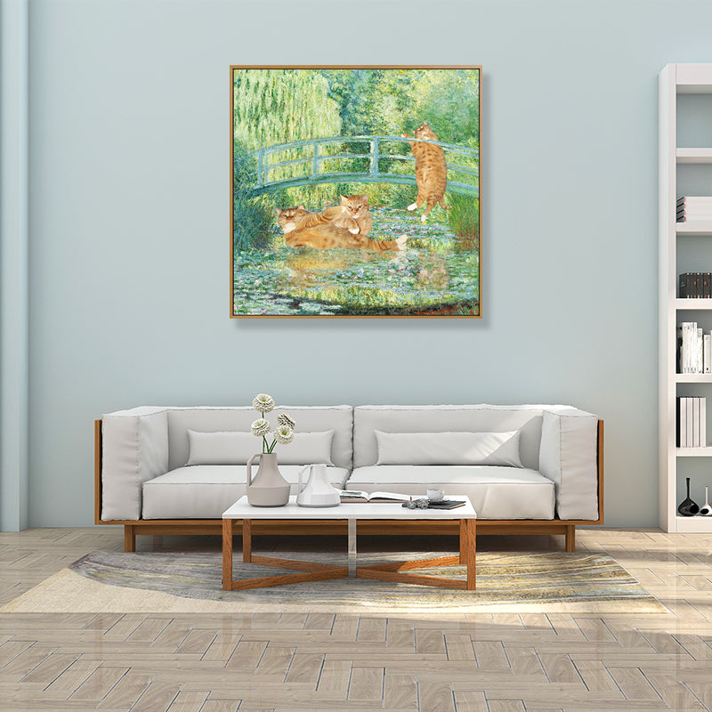 Mixed Media Funky Canvas Wall Art with Monet Pond Cat Spoof Painting in Green-Orange Green Clearhalo 'Arts' 'Canvas Art' 1861504