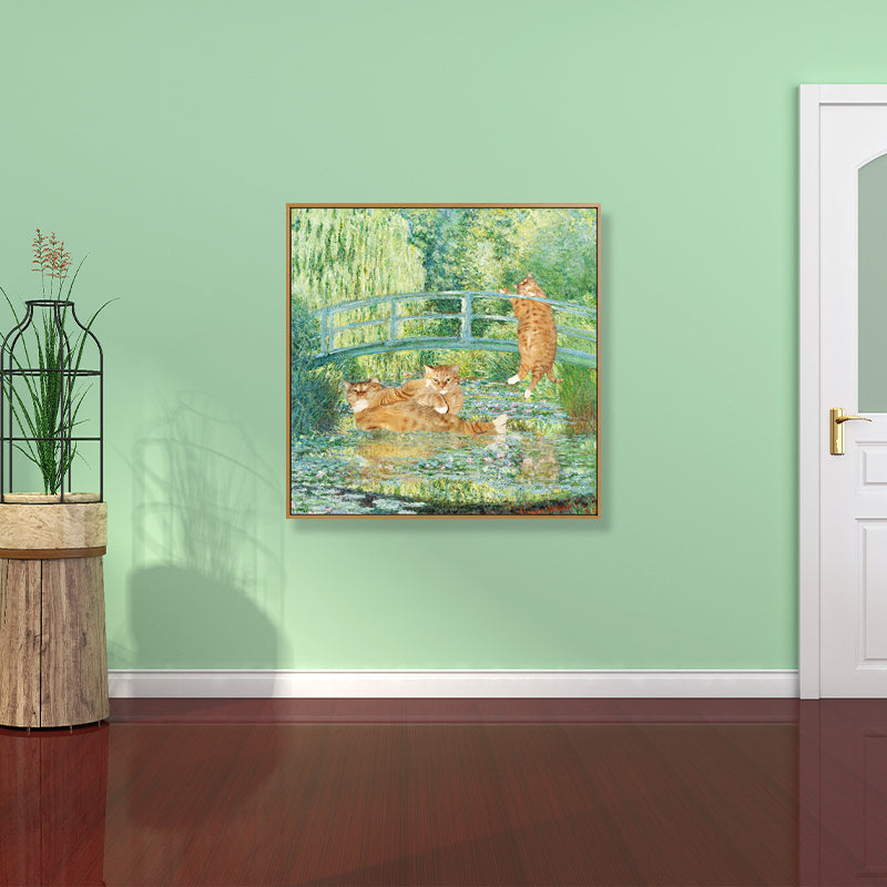 Mixed Media Funky Canvas Wall Art with Monet Pond Cat Spoof Painting in Green-Orange Clearhalo 'Arts' 'Canvas Art' 1861505