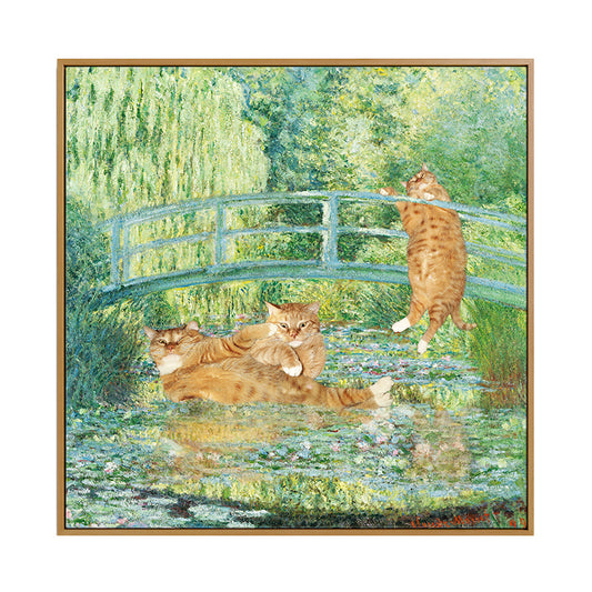 Mixed Media Funky Canvas Wall Art with Monet Pond Cat Spoof Painting in Green-Orange Clearhalo 'Arts' 'Canvas Art' 1861507