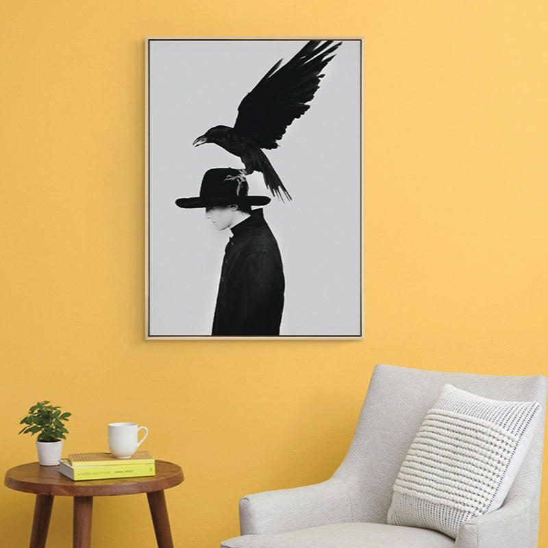 Black Fashion Canvas Art Photograph Crow and Woman Retro Textured Wall Decor for Room Black Clearhalo 'Arts' 'Canvas Art' 1861614