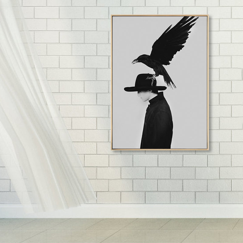 Black Fashion Canvas Art Photograph Crow and Woman Retro Textured Wall Decor for Room Clearhalo 'Arts' 'Canvas Art' 1861616