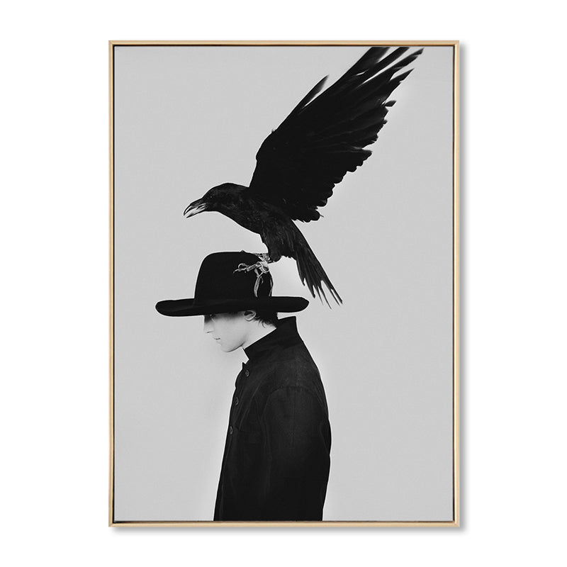 Black Fashion Canvas Art Photograph Crow and Woman Retro Textured Wall Decor for Room Clearhalo 'Arts' 'Canvas Art' 1861617