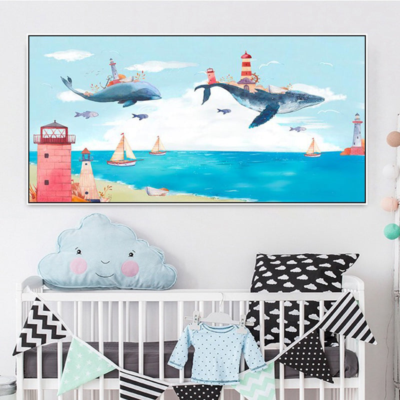 Kids Adventure with Animal Canvas Soft Color Baby Room Wall Art
