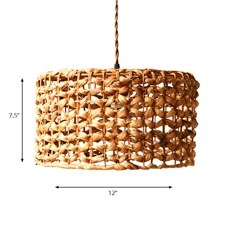 Drum Cottage Hotel Suspension Light Rattan 1 Light Asian Stylish Pendant Light in Beige Clearhalo 'Ceiling Lights' 'Pendant Lights' 'Pendants' Lighting' 186198