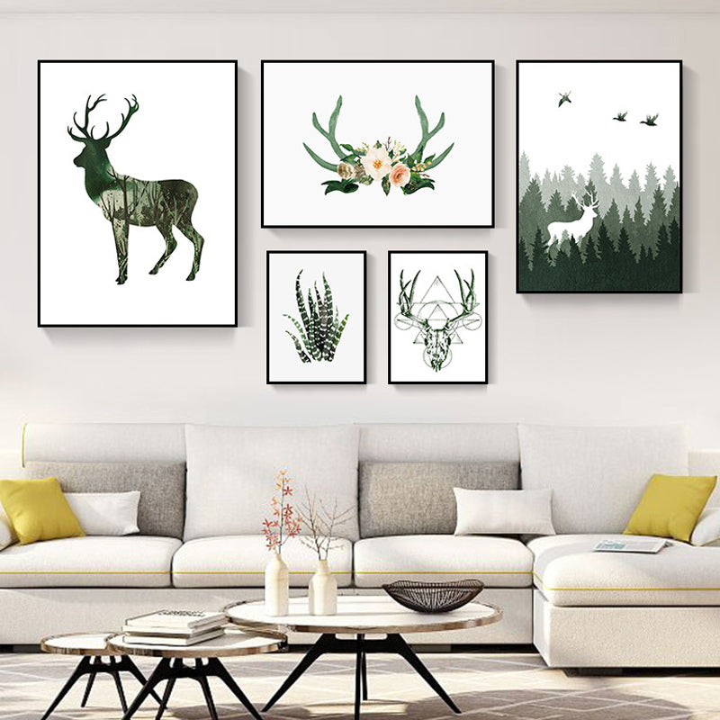 Wild Reindeer Canvas Print Multi-Piece Children's Art House Interior Wall Decor in Green Green 31" x 67" Clearhalo 'Art Gallery' 'Canvas Art' 'Kids' Arts' 1862105