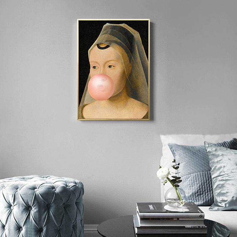 Brown Pop Art Canvas Print Painting Gentlewoman Chewing Gum Wall Decor for Boys Room Brown Clearhalo 'Arts' 'Canvas Art' 1862187