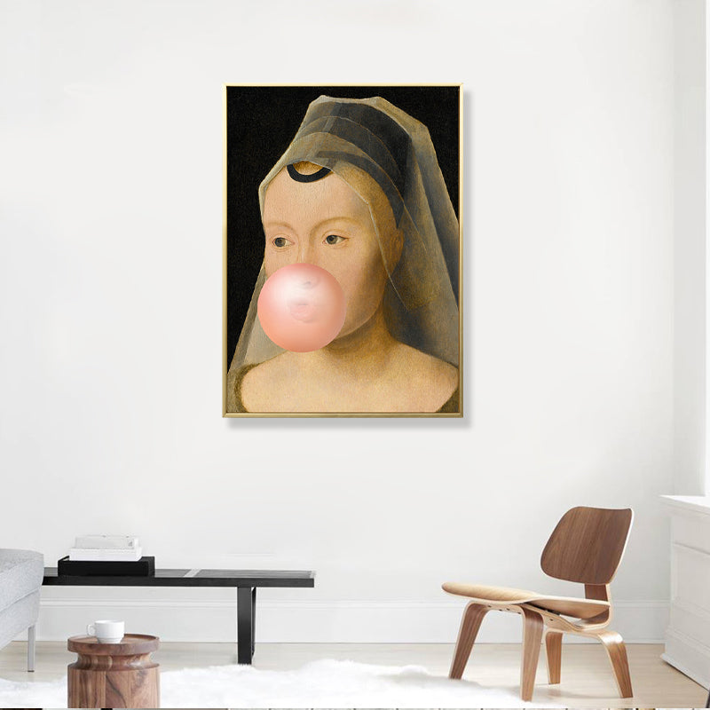 Brown Pop Art Canvas Print Painting Gentlewoman Chewing Gum Wall Decor for Boys Room Clearhalo 'Arts' 'Canvas Art' 1862188