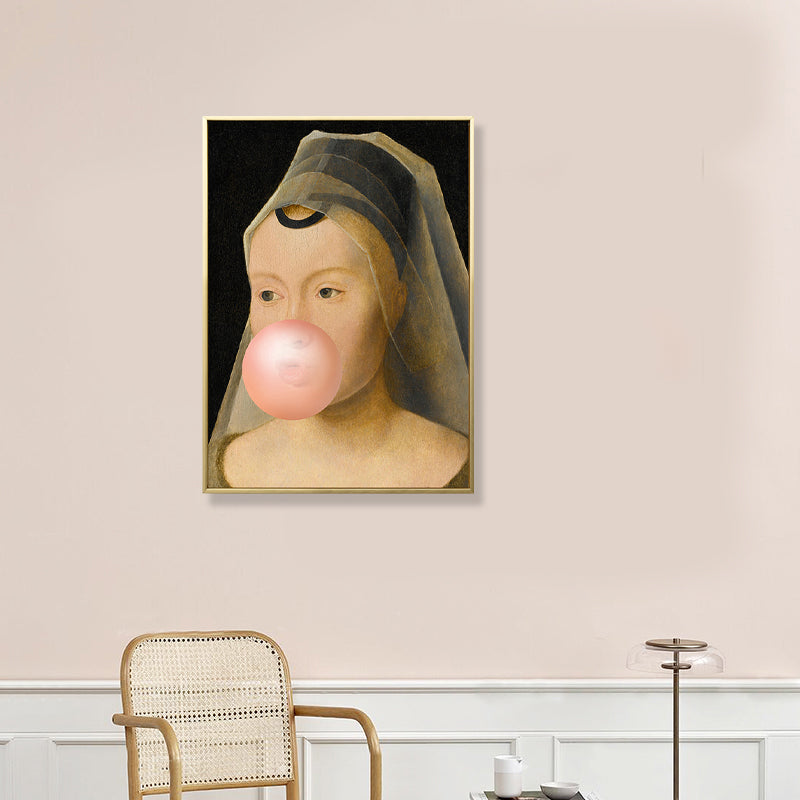 Brown Pop Art Canvas Print Painting Gentlewoman Chewing Gum Wall Decor for Boys Room Clearhalo 'Arts' 'Canvas Art' 1862189