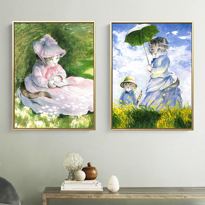 Funky Spoof Monet Painting Canvas Pastel Cat Girl Wall Art Print for Dining Room Clearhalo 'Arts' 'Canvas Art' 1862375