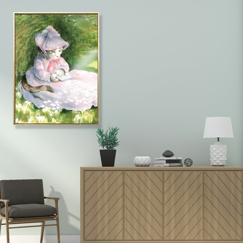 Funky Spoof Monet Painting Canvas Pastel Cat Girl Wall Art Print for Dining Room Pink Clearhalo 'Arts' 'Canvas Art' 1862376