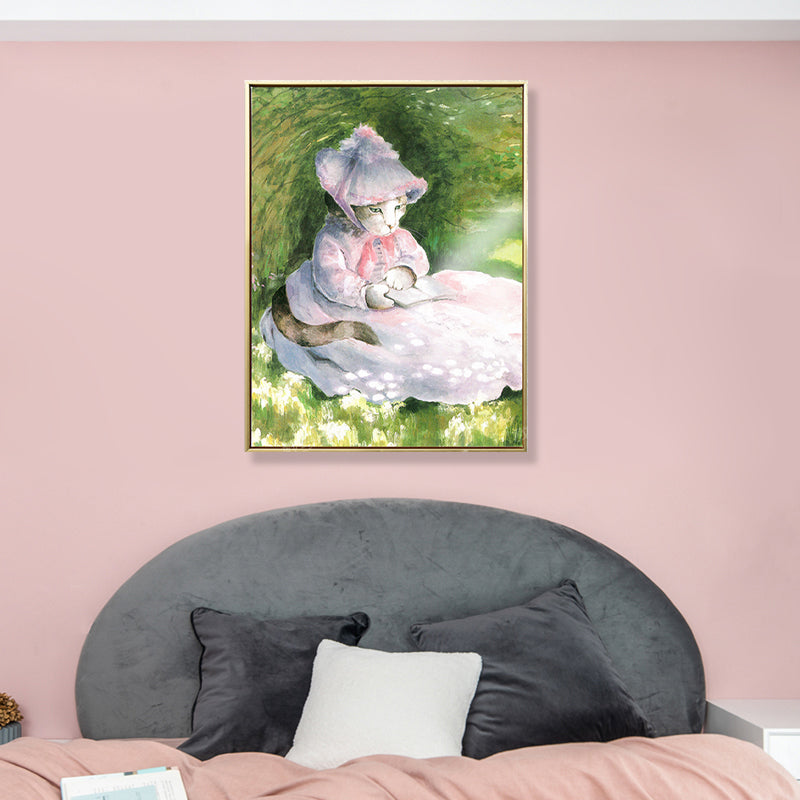 Funky Spoof Monet Painting Canvas Pastel Cat Girl Wall Art Print for Dining Room Clearhalo 'Arts' 'Canvas Art' 1862377