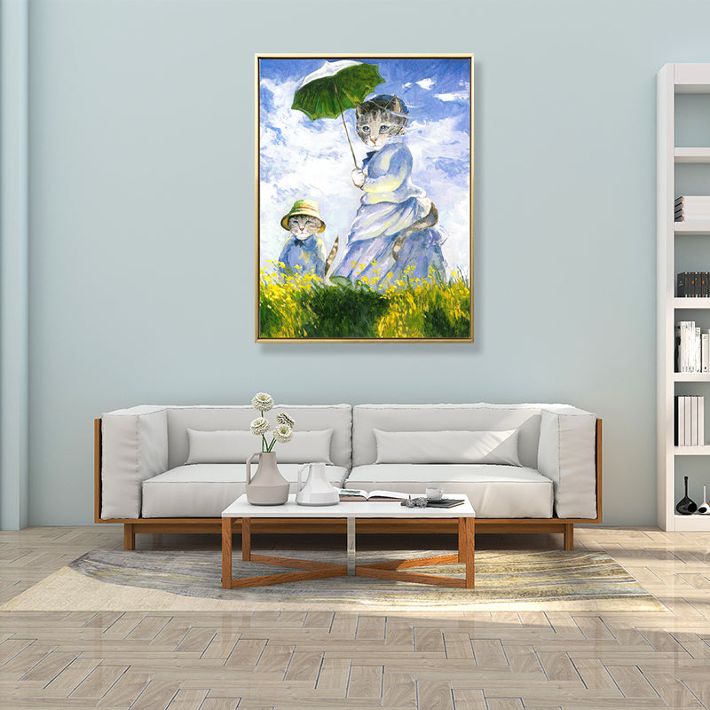 Funky Spoof Monet Painting Canvas Pastel Cat Girl Wall Art Print for Dining Room Blue Clearhalo 'Arts' 'Canvas Art' 1862382