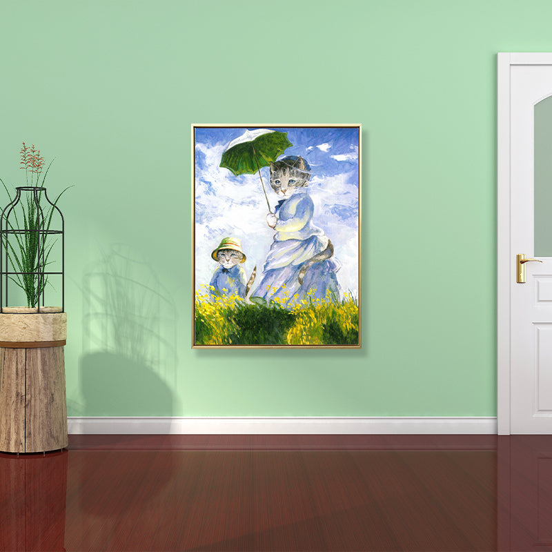 Funky Spoof Monet Painting Canvas Pastel Cat Girl Wall Art Print for Dining Room Clearhalo 'Arts' 'Canvas Art' 1862383