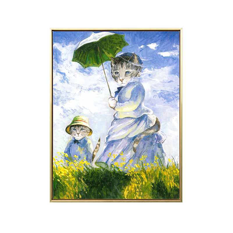 Funky Spoof Monet Painting Canvas Pastel Cat Girl Wall Art Print for Dining Room Clearhalo 'Arts' 'Canvas Art' 1862385