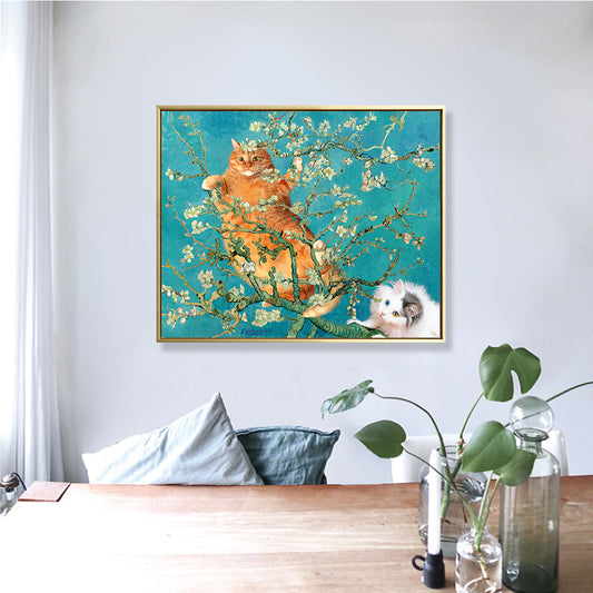 Yellow Cat in Branch Canvas Art Nordic Style Textured Girls Bedroom Wall Decor in Blue