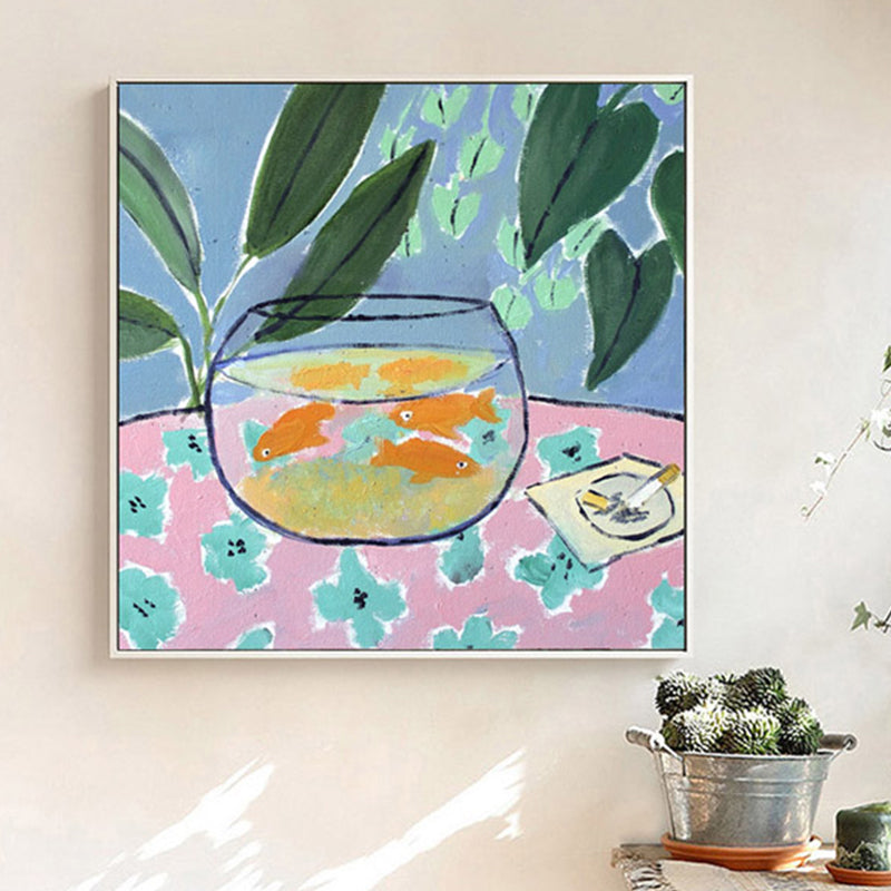 Green Goldfish Bowl Wall Decor Still Life Abstract Expressionism Textured Canvas for Kitchen Green Clearhalo 'Arts' 'Canvas Art' 1862618