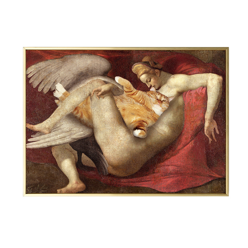 Michelangelo Human and Cat Canvas Print Funky Textured Wall Art in Brown and Red Clearhalo 'Arts' 'Canvas Art' 1862713