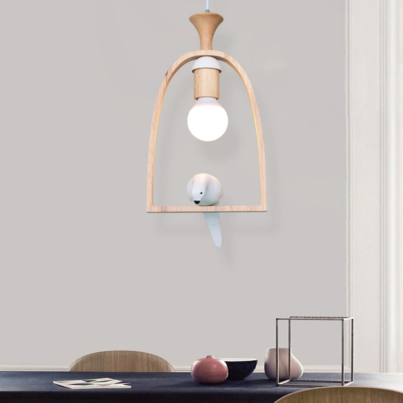 Open Bulb Restaurant Hanging Light Wood 1 Head Pendant Light with Pigeon in White Clearhalo 'Ceiling Lights' 'Pendant Lights' 'Pendants' Lighting' 186278