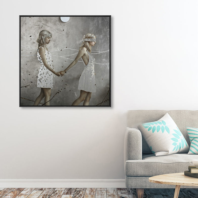 Surrealism Walking Maiden Canvas Art Paintings Character Soft Color Gallery Wall Decor Grey Clearhalo 'Arts' 'Canvas Art' 1862790