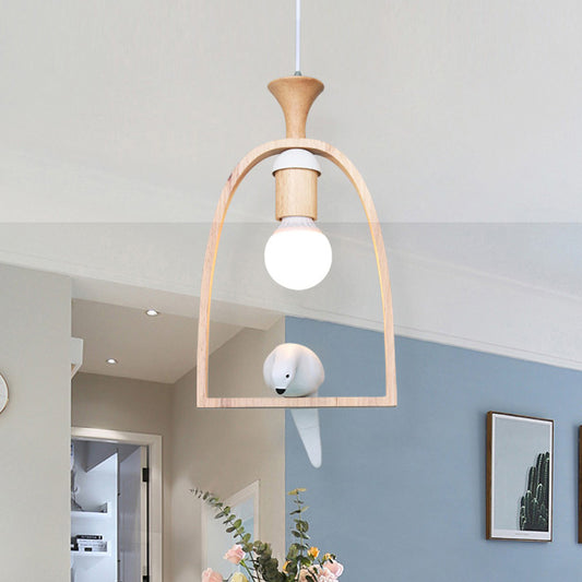 Open Bulb Restaurant Hanging Light Wood 1 Head Pendant Light with Pigeon in White Clearhalo 'Ceiling Lights' 'Pendant Lights' 'Pendants' Lighting' 186279