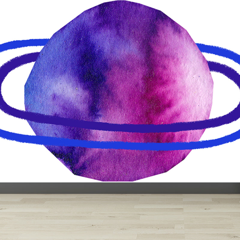 Watercolor Ringed Planet Mural Kids Style Smooth Wall Art in Dark Color for Bedroom Dark Purple Clearhalo 'Wall Decor' 'Wall Mural' 1863151