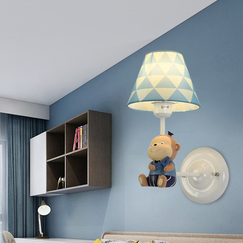 Resin Monkey Sconce Light with Fabric Shade Single Bulb Animal Wall Lamp in Blue for Bedroom Blue Clearhalo 'Wall Lamps & Sconces' 'Wall Lights' Lighting' 186334