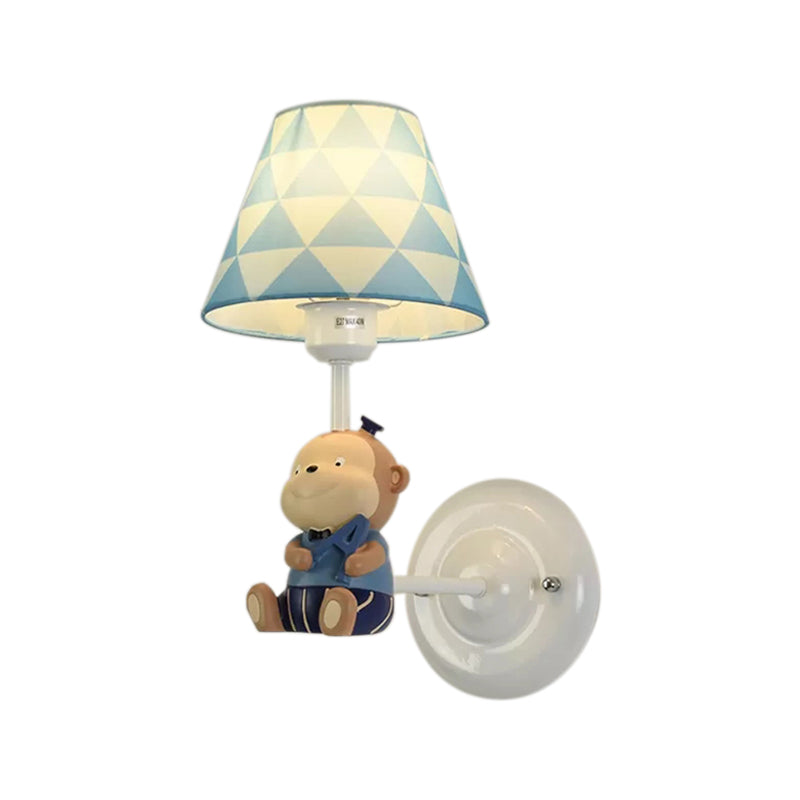 Resin Monkey Sconce Light with Fabric Shade Single Bulb Animal Wall Lamp in Blue for Bedroom Clearhalo 'Wall Lamps & Sconces' 'Wall Lights' Lighting' 186336