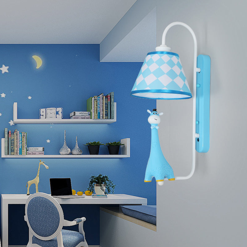 Animal Style Wall Light with Fabric Shade Giraffe One Light Resin Sconce Light for Study Room Blue Clearhalo 'Wall Lamps & Sconces' 'Wall Lights' Lighting' 186378