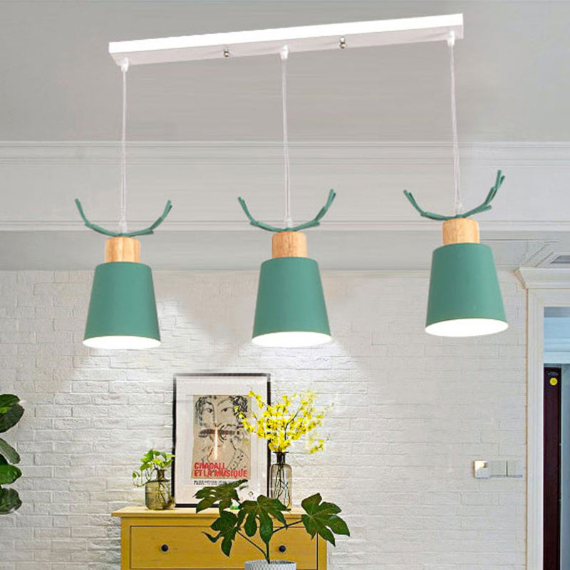 Bucket Shaped Foyer Pendant Light with Antlers Metal 3 Heads Macaron Style Hanging Lamp Clearhalo 'Ceiling Lights' 'Pendant Lights' 'Pendants' Lighting' 186404