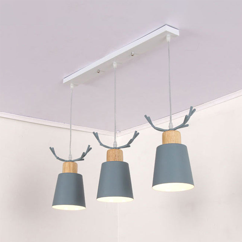 Bucket Shaped Foyer Pendant Light with Antlers Metal 3 Heads Macaron Style Hanging Lamp Clearhalo 'Ceiling Lights' 'Pendant Lights' 'Pendants' Lighting' 186407