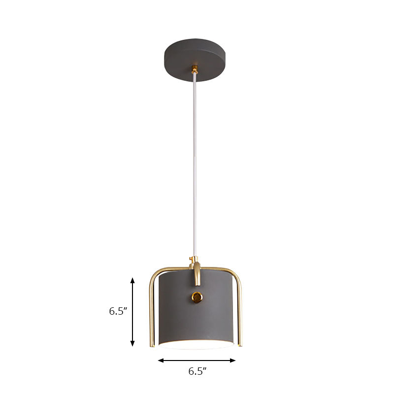 Macaron Stylish 1 Light Hanging Light with Metallic Shade Gray/White Barrel Suspension Lamp for Dining Room Clearhalo 'Ceiling Lights' 'Modern Pendants' 'Modern' 'Pendant Lights' 'Pendants' Lighting' 186413