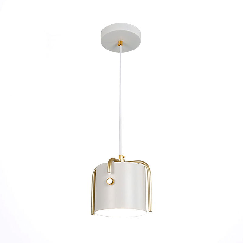 Macaron Stylish 1 Light Hanging Light with Metallic Shade Gray/White Barrel Suspension Lamp for Dining Room White Clearhalo 'Ceiling Lights' 'Modern Pendants' 'Modern' 'Pendant Lights' 'Pendants' Lighting' 186416