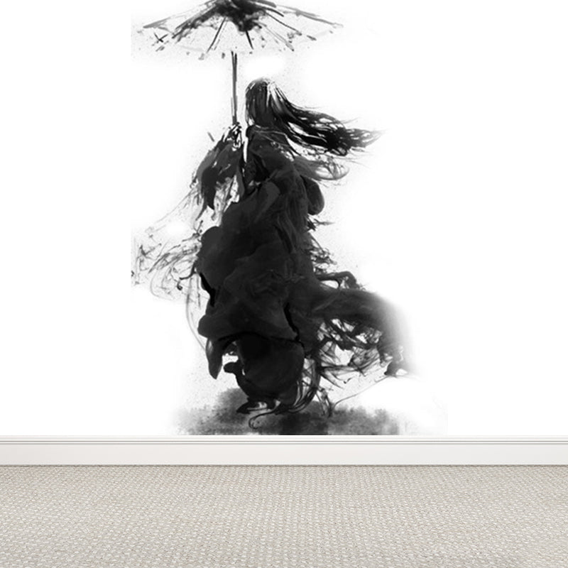 Black Modern Mural Wallpaper Huge Swordsman Portrait Wall Covering for Guest Room Black Design 1 Clearhalo 'Wall Decor' 'Wall Mural' 1864161