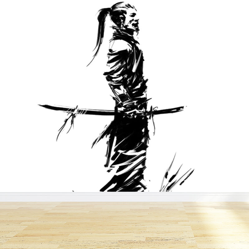 Black Modern Mural Wallpaper Huge Swordsman Portrait Wall Covering for Guest Room Black Design 3 Clearhalo 'Wall Decor' 'Wall Mural' 1864171