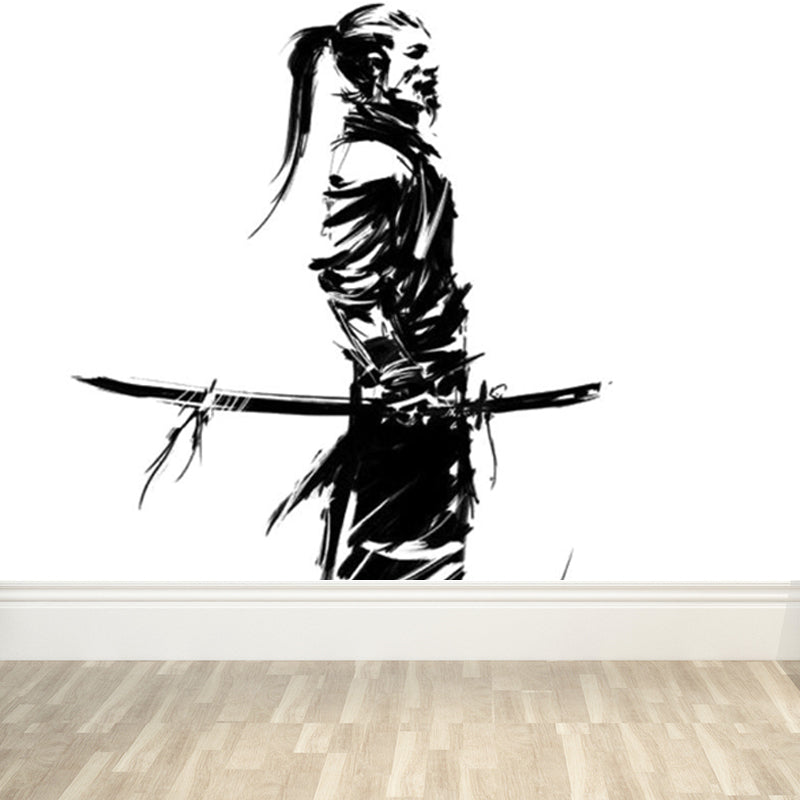 Black Modern Mural Wallpaper Huge Swordsman Portrait Wall Covering for Guest Room Clearhalo 'Wall Decor' 'Wall Mural' 1864172