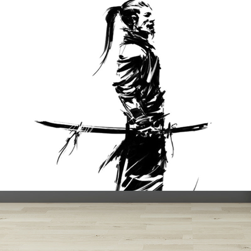 Black Modern Mural Wallpaper Huge Swordsman Portrait Wall Covering for Guest Room Clearhalo 'Wall Decor' 'Wall Mural' 1864173