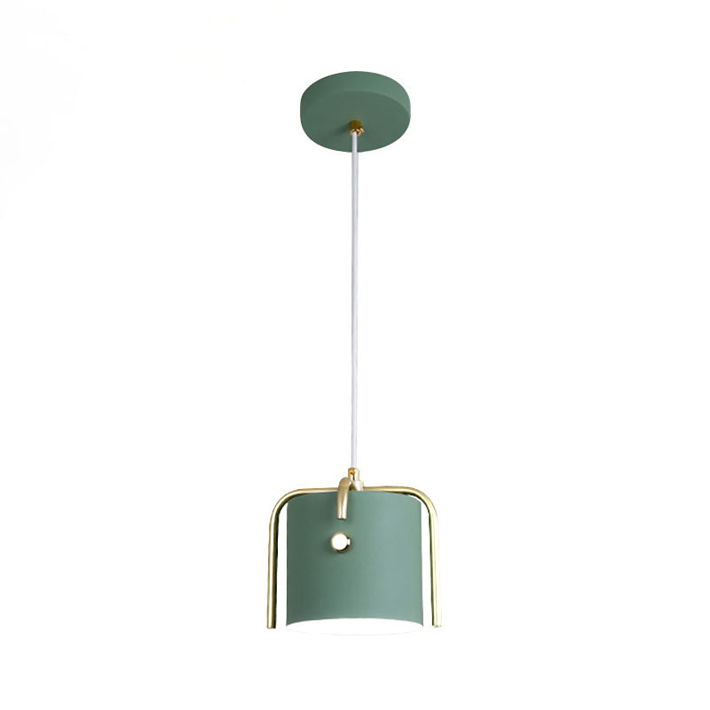 Macaron Stylish 1 Light Hanging Light with Metallic Shade Gray/White Barrel Suspension Lamp for Dining Room Clearhalo 'Ceiling Lights' 'Modern Pendants' 'Modern' 'Pendant Lights' 'Pendants' Lighting' 186418