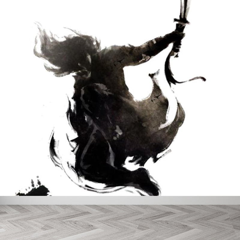 Black Modern Mural Wallpaper Huge Swordsman Portrait Wall Covering for Guest Room Clearhalo 'Wall Decor' 'Wall Mural' 1864182