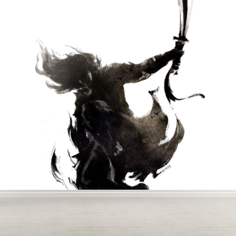 Black Modern Mural Wallpaper Huge Swordsman Portrait Wall Covering for Guest Room Clearhalo 'Wall Decor' 'Wall Mural' 1864183