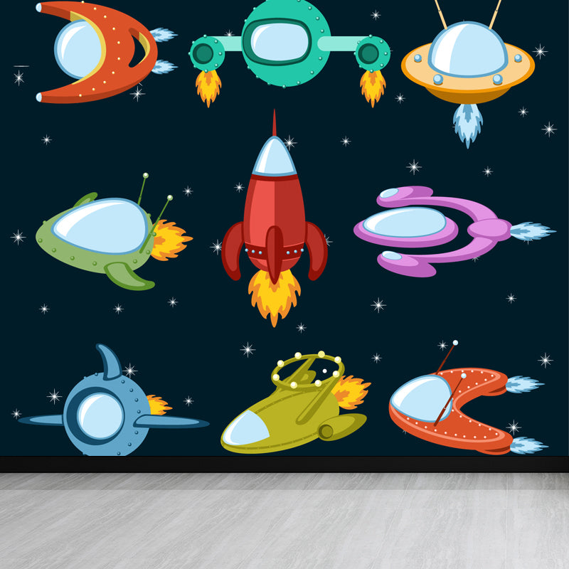 Pastel Color Spaceship Scenery Mural Stain-Proofing Wall Covering for Living Room Red Clearhalo 'Wall Decor' 'Wall Mural' 1864401