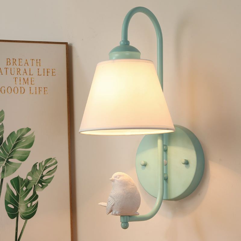 Macaron Style Bucket Shade Wall Light with Bird Deco One Light Metal Wall Sconce in Green for Nursing Room Green Clearhalo 'Wall Lamps & Sconces' 'Wall Lights' Lighting' 186450