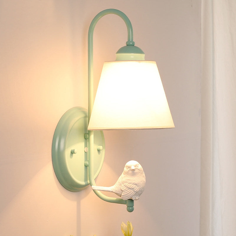 Macaron Style Bucket Shade Wall Light with Bird Deco One Light Metal Wall Sconce in Green for Nursing Room Clearhalo 'Wall Lamps & Sconces' 'Wall Lights' Lighting' 186451