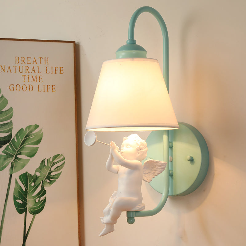 Resin Little Angel Wall Light with Fabric Shade 1 Head Nordic Wall Sconce in Green for Kid Bedroom Green Clearhalo 'Wall Lamps & Sconces' 'Wall Lights' Lighting' 186473