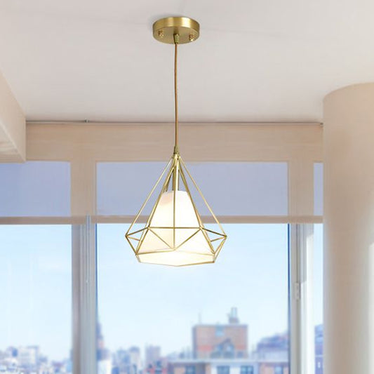 Brass Diamond Cage Pendant Lighting Simplicity 1 Head Metallic Ceiling Suspension Lamp with Inner Flaxen Fabric Shade Brass Clearhalo 'Ceiling Lights' 'Modern Pendants' 'Modern' 'Pendant Lights' 'Pendants' Lighting' 1865335