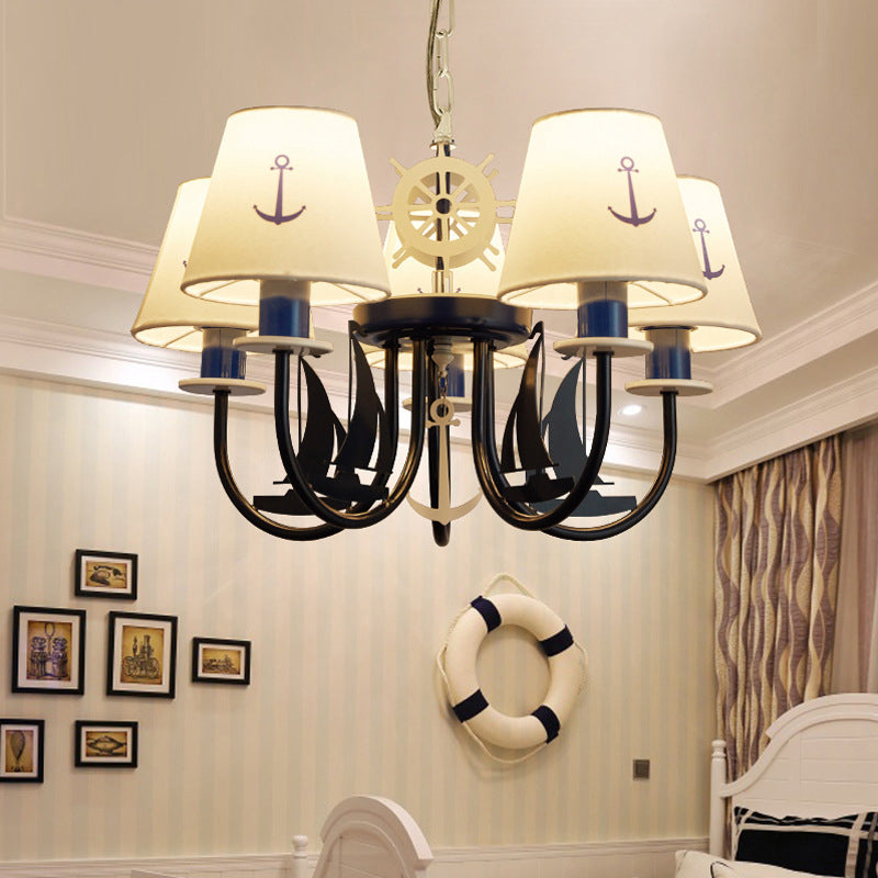 Metallic Arched Arm Pendant Ceiling Light Kids 5/6 Bulbs Blue Hanging Chandelier with Tapered White Fabric Shade Clearhalo 'Ceiling Lights' 'Chandeliers' Lighting' options 1865383