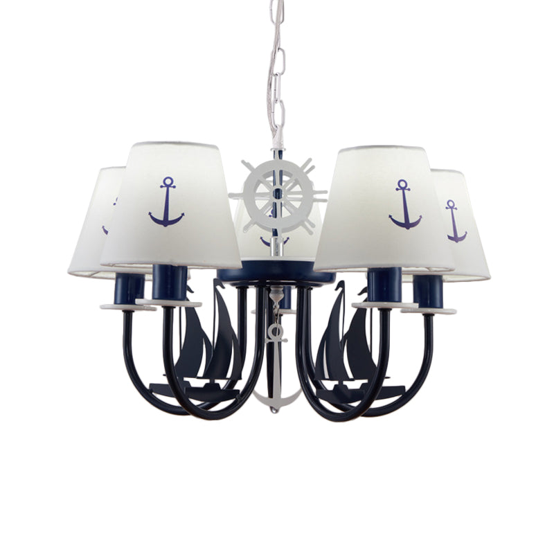 Metallic Arched Arm Pendant Ceiling Light Kids 5/6 Bulbs Blue Hanging Chandelier with Tapered White Fabric Shade Clearhalo 'Ceiling Lights' 'Chandeliers' Lighting' options 1865384