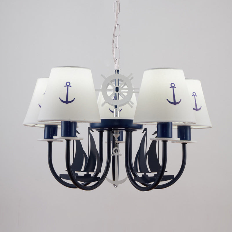 Metallic Arched Arm Pendant Ceiling Light Kids 5/6 Bulbs Blue Hanging Chandelier with Tapered White Fabric Shade Clearhalo 'Ceiling Lights' 'Chandeliers' Lighting' options 1865385