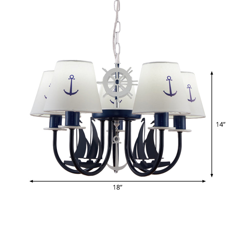 Metallic Arched Arm Pendant Ceiling Light Kids 5/6 Bulbs Blue Hanging Chandelier with Tapered White Fabric Shade Clearhalo 'Ceiling Lights' 'Chandeliers' Lighting' options 1865386